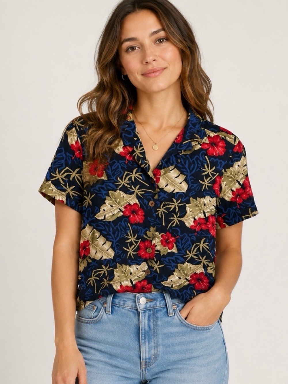 Island Traders Blue Red Floral Short-Sleeve Button-Front Hawaiian Shirt Sz Small